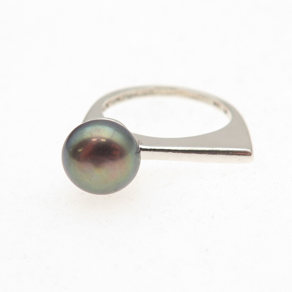 Shube 925 Sterling Silver Vintage Real Tahitian Pearl Modernist Ring Size 4.75 - Picture 3 of 9
